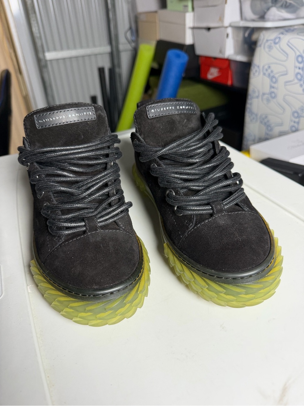 Giuseppe Zanotti 38.5Black Suede Sneakers with Lime Green Translucent Sole - Picture 3 of 7